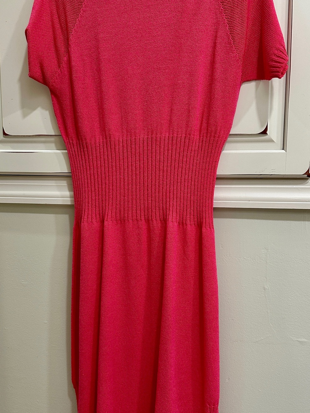 Ribbed Waist Pink Midi Dress - Women's Knit Fit